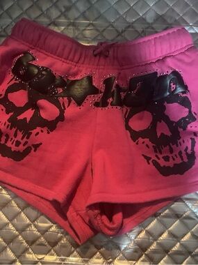 Pink Skull Graphic Athletic Shorts with Stud Detail